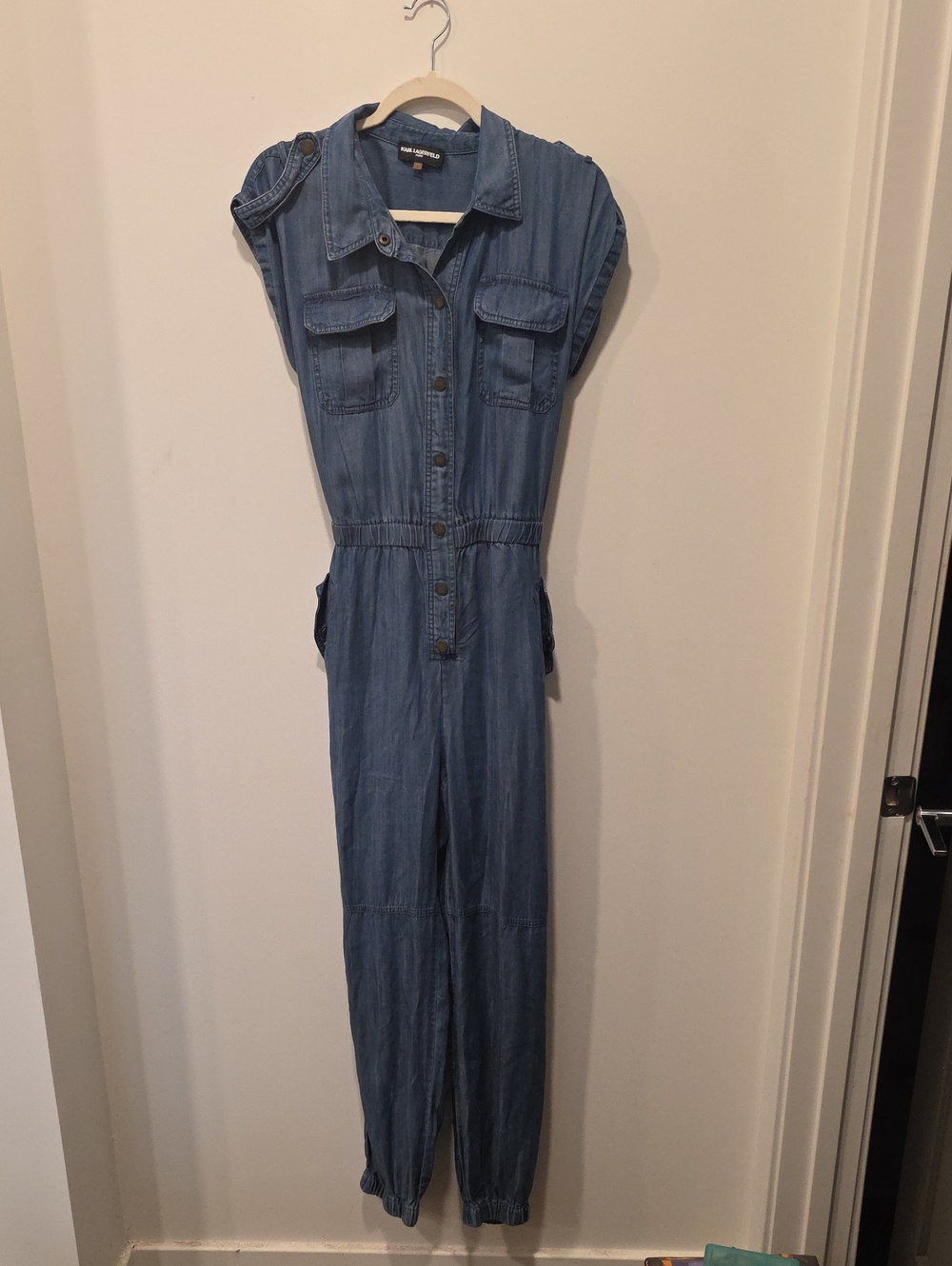 Karl Lagerfeld Light Blue Denim Utility Jumpsuit Overalls